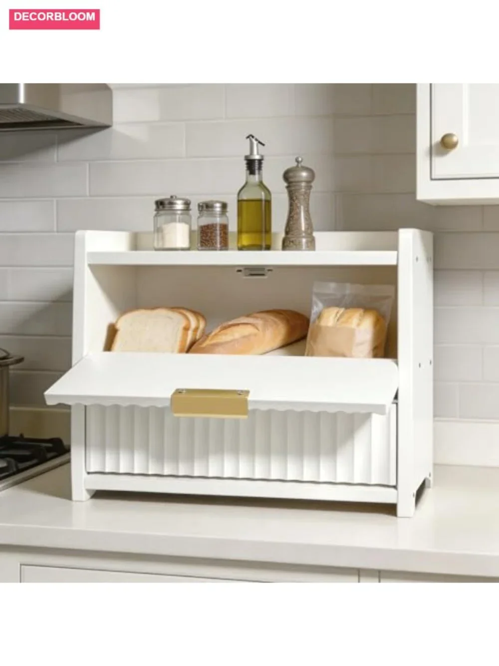 Large Double Layer Wooden Bread Box with Gold Handle, Farmhouse Kitchen